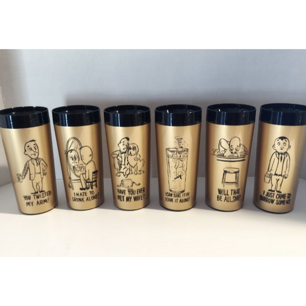 Mid-Century Insulated Plastic Tumblers Gold Black MCM Cartoon Set of 6 VTG Bar